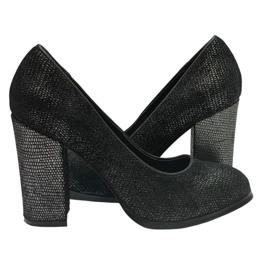 ISOLA HAYLEY BLACK CHIC SOFT SILVER METALLIC  BLOCK HEELS SZ 7 MED